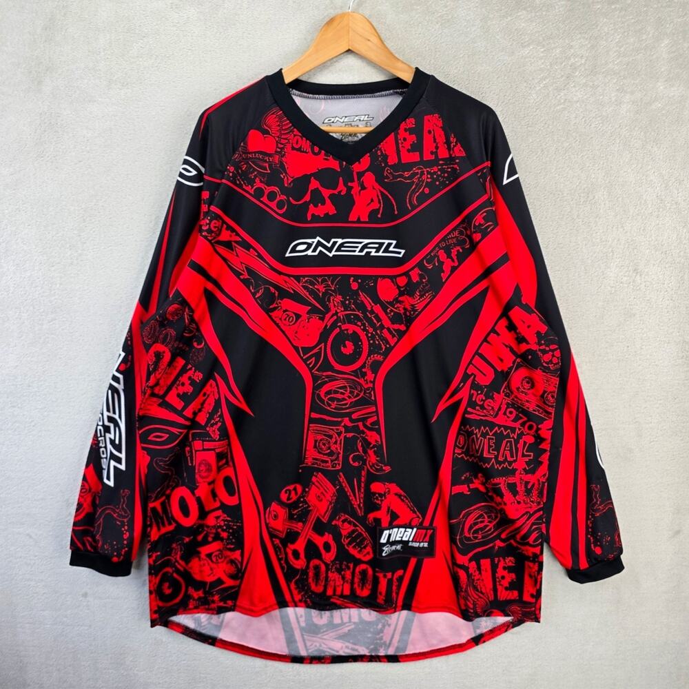 O'Neal Element Jersey Shirt XXL 2XL Red Black Skull Long Sleeve Moto Motocross